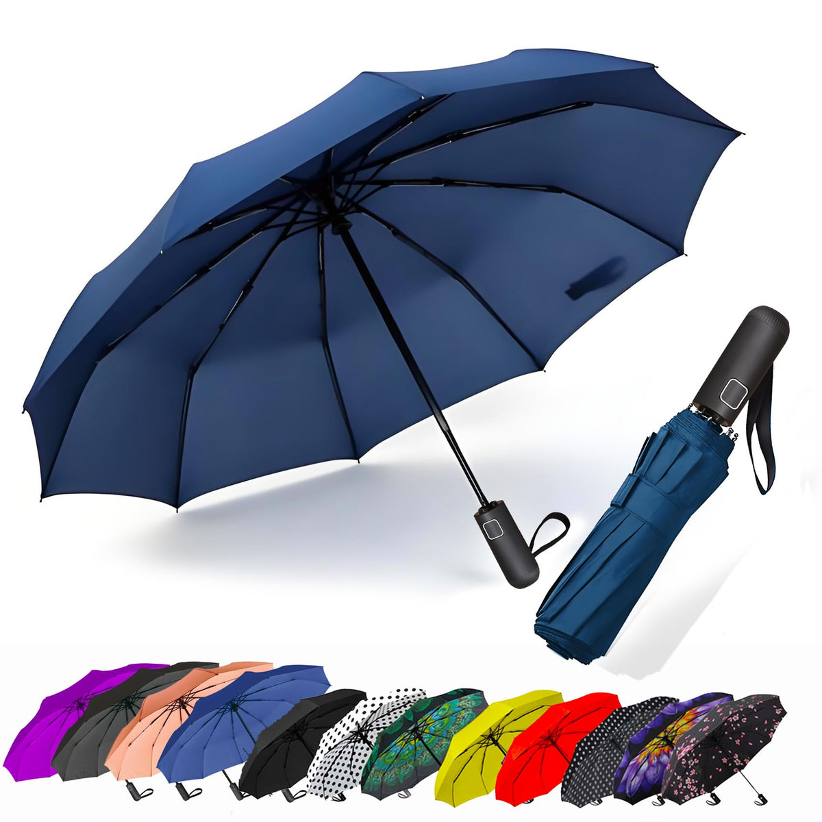 SIEPASA Compact Travel Umbrella - Windproof Auto Open/Close, Small Folding Umbrella for Rain - Lightweight & Durable with Fiberglass Frame, Waterproof Canopy - Fits Backpack, Purse, Suitcase. (Black)