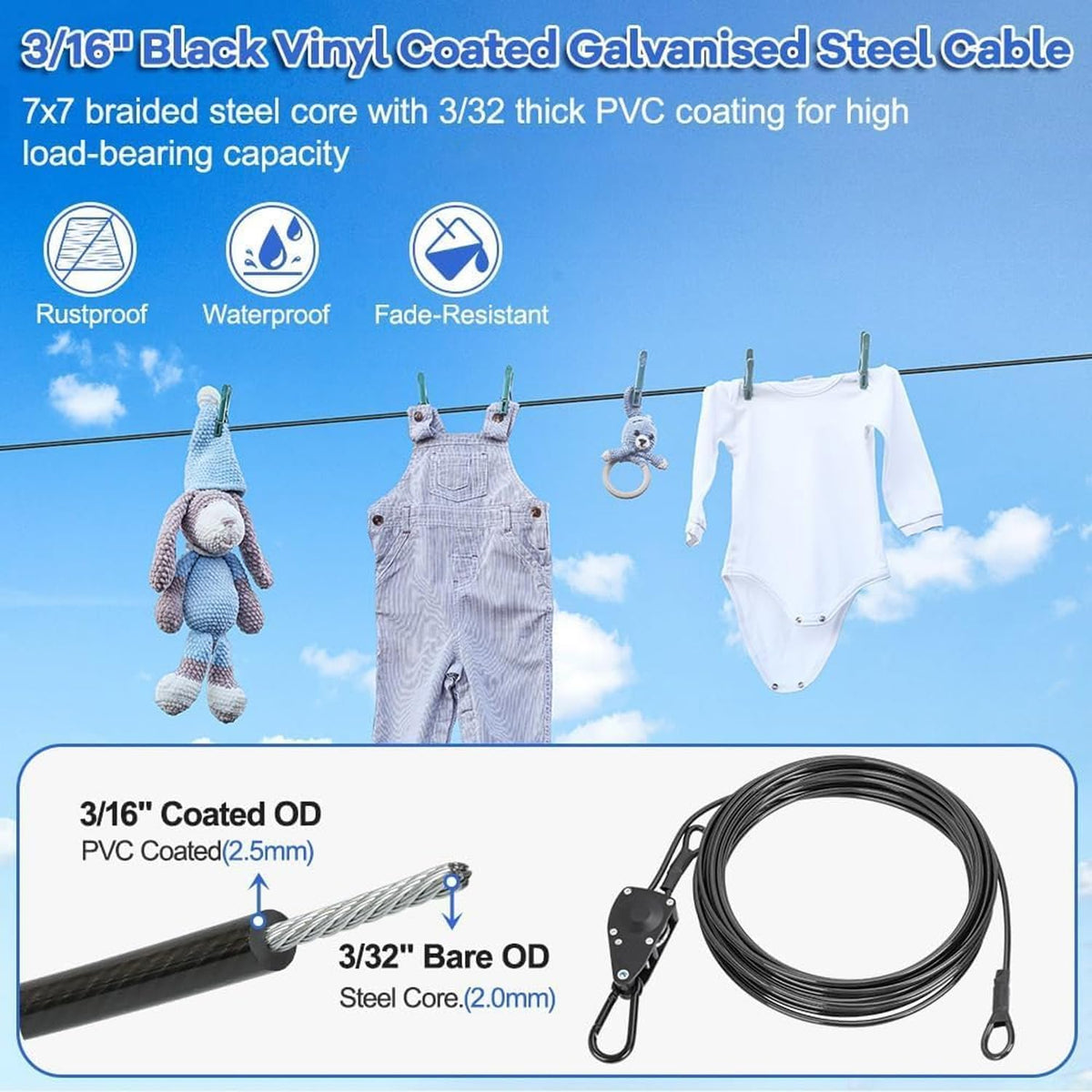 TooTaci Outdoor Clothesline Kit with Self-Locking Pulley, 45FT 3/16" Cable