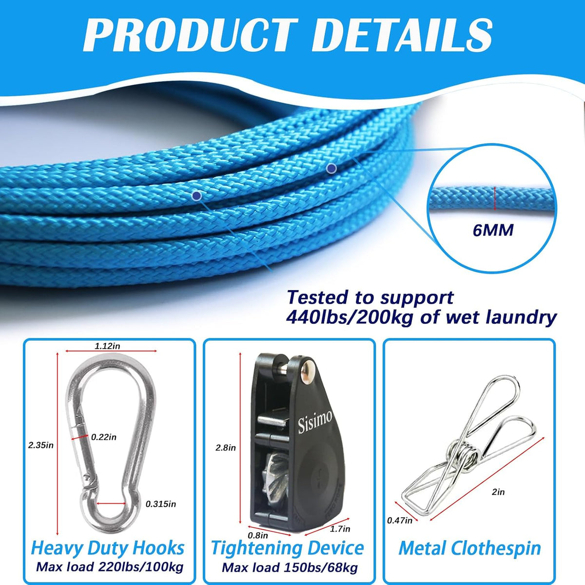 40FT Retractable Clothesline Outdoor 1/4" Polyester Coated Steel Core Rope