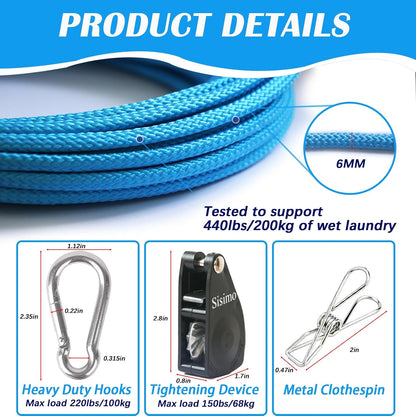 40FT Retractable Clothesline Outdoor 1/4" Polyester Coated Steel Core Rope