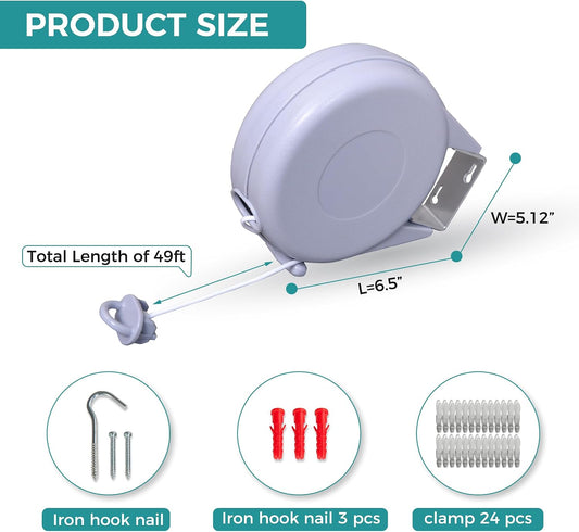 Retractable Clothesline 49FT, Heavy Duty Wall Mounted Laundry Line for Indoor Outdoor Drying, Portable PVC Clothes Line with Lock Button for Bathroom, Balcony, Patio, Camping & Travel