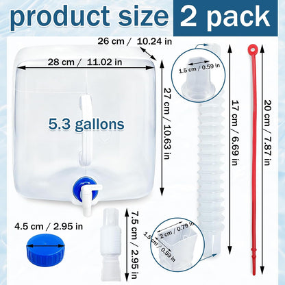 2 Pack 5.3 Gallon BPA Free Collapsible Water Container with Spigot & Hook