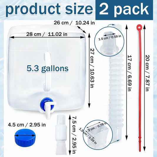 2 Pack 5.3 Gallon BPA Free Collapsible Water Container with Spigot & Hook