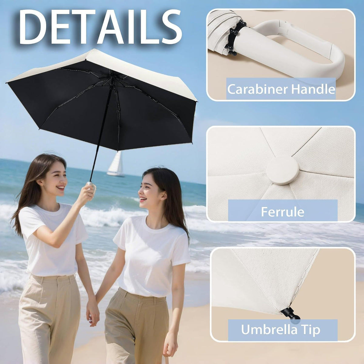 erised's bifrost Mini Travel Folding Umbrella with Carabiner Handle for Women Men Kids/Lightweight Portable Compact/Small Parasol/UV Protection/UPF50+/6Ribs/Sun Rain/Fits in Pocket Car Purse