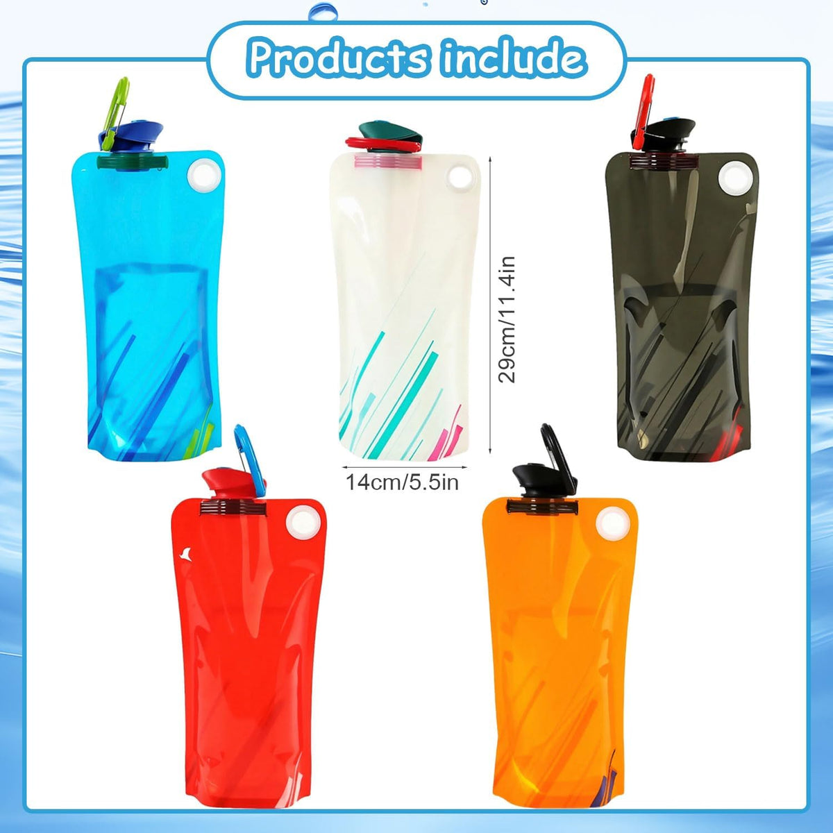5 Pack Collapsible Water Bottles With Carabiner, 34oz Foldable Water Bottle with Leakproof Lid, Food-Grade Silicone Portable Reusable Water Bottle for Hiking,Sports,Camping,Biking, Traveling