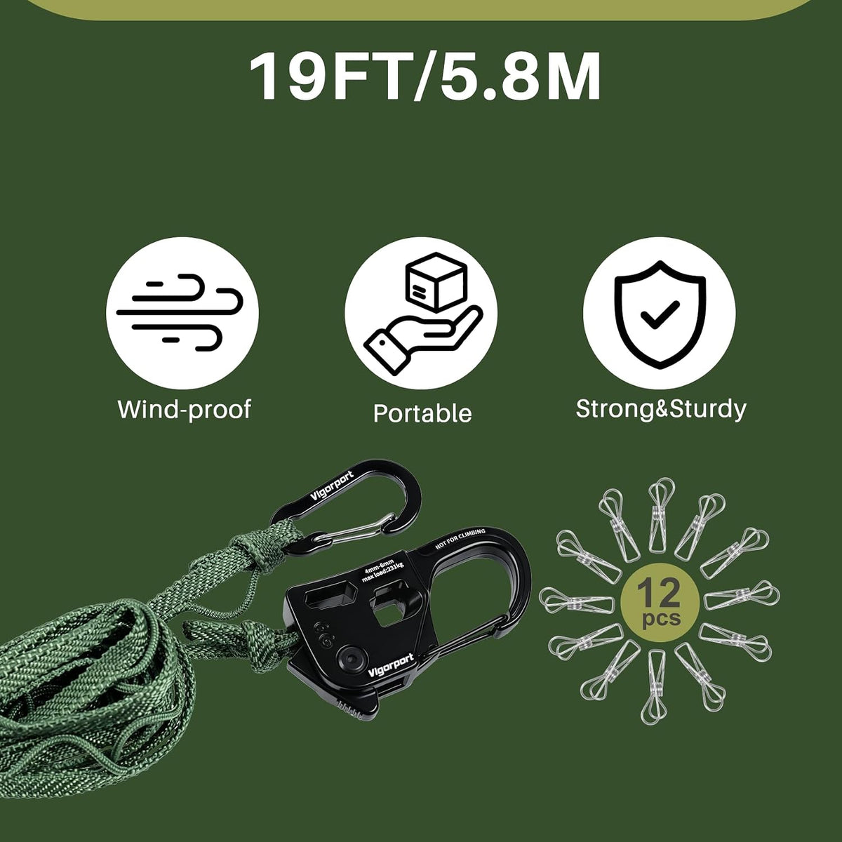 Vigorport Travel Clothesline with Metal Tensioner & Clips for Camping RV
