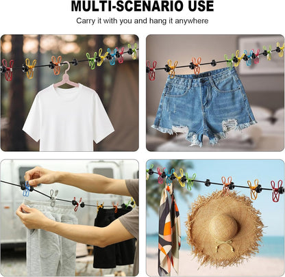 Portable Travel Clothesline with 12 Clips and 3 Folding Clothes Hangers Set, Elastic Clothes Drying Line with Waterproof Bag for Hotel Cruise Travel Camping Outdoor Essentials