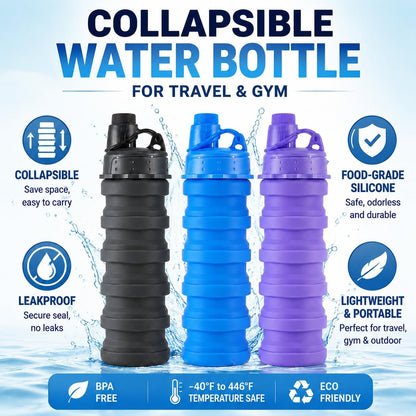 Collapsible Water Bottles, 3 Pack Silicone Foldable Sports travel Bottle
