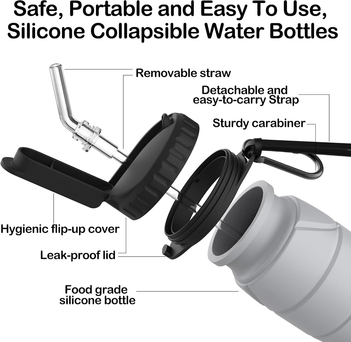 Collapsible Water Bottles, 22oz with Straw for Travel, Gym & Sports