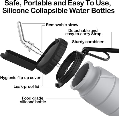 Collapsible Water Bottles, 22oz with Straw for Travel, Gym & Sports