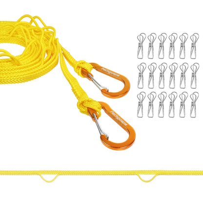 Portable Travel Clothesline, Windproof Clothes Laundry Line with Clothespins & Hang Holes, Indoor & Outdoor Clothes Drying Rope for Hotel, Backyard,Cruise Ships, Camping (Yellow, 16 Ft)