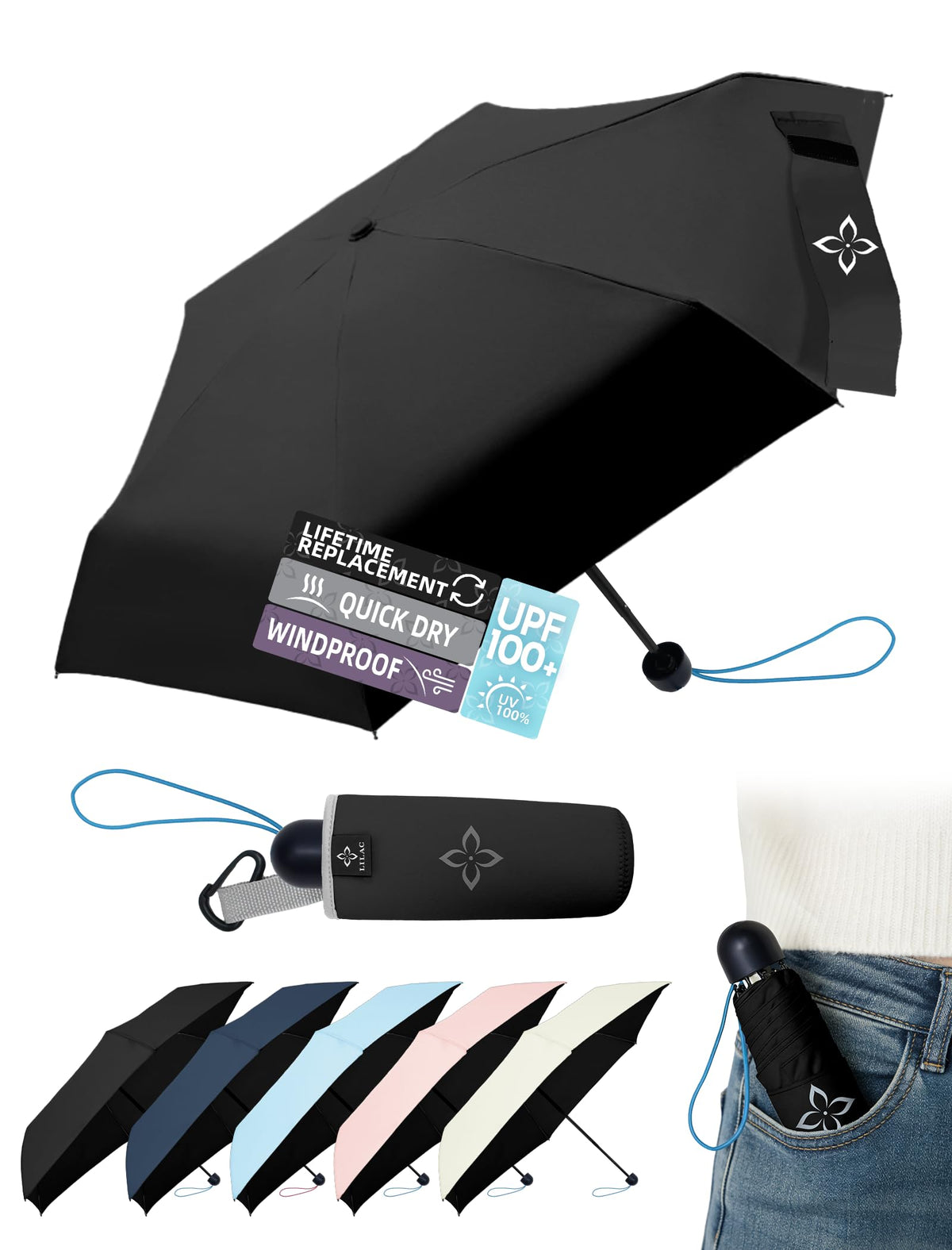 Mini Travel Umbrella for Rain 43" UPF 100+ UV Protection Umbrella