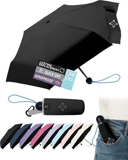 Mini Travel Umbrella for Rain - 43" Large Coverage Small Compact Umbrella, Reinforced Strong Frame, Lightweight Portable Parasol with UPF 100+ UV Protection, Gifts for Adults, Seniors & Students