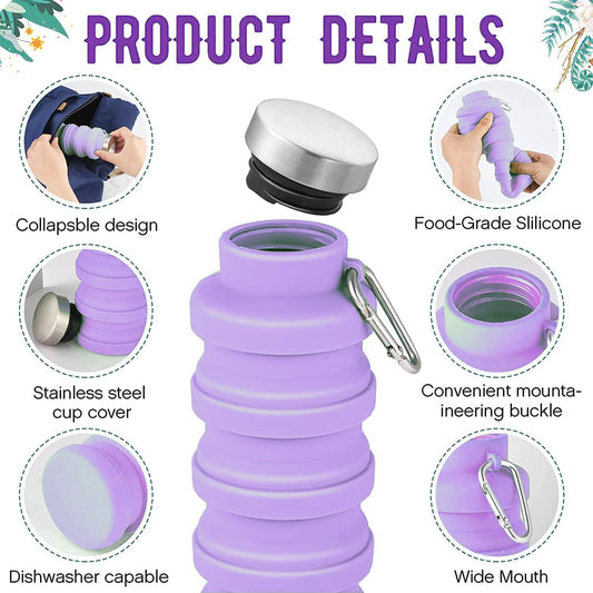 Collapsible Water Bottle,4 Pcs BPA Free Reuseable Silicone Foldable Leakproof 16oz Water Bottles,Portable Lightweight Water Bottles Carabiner for Travel Gym Camping,Hiking Sports