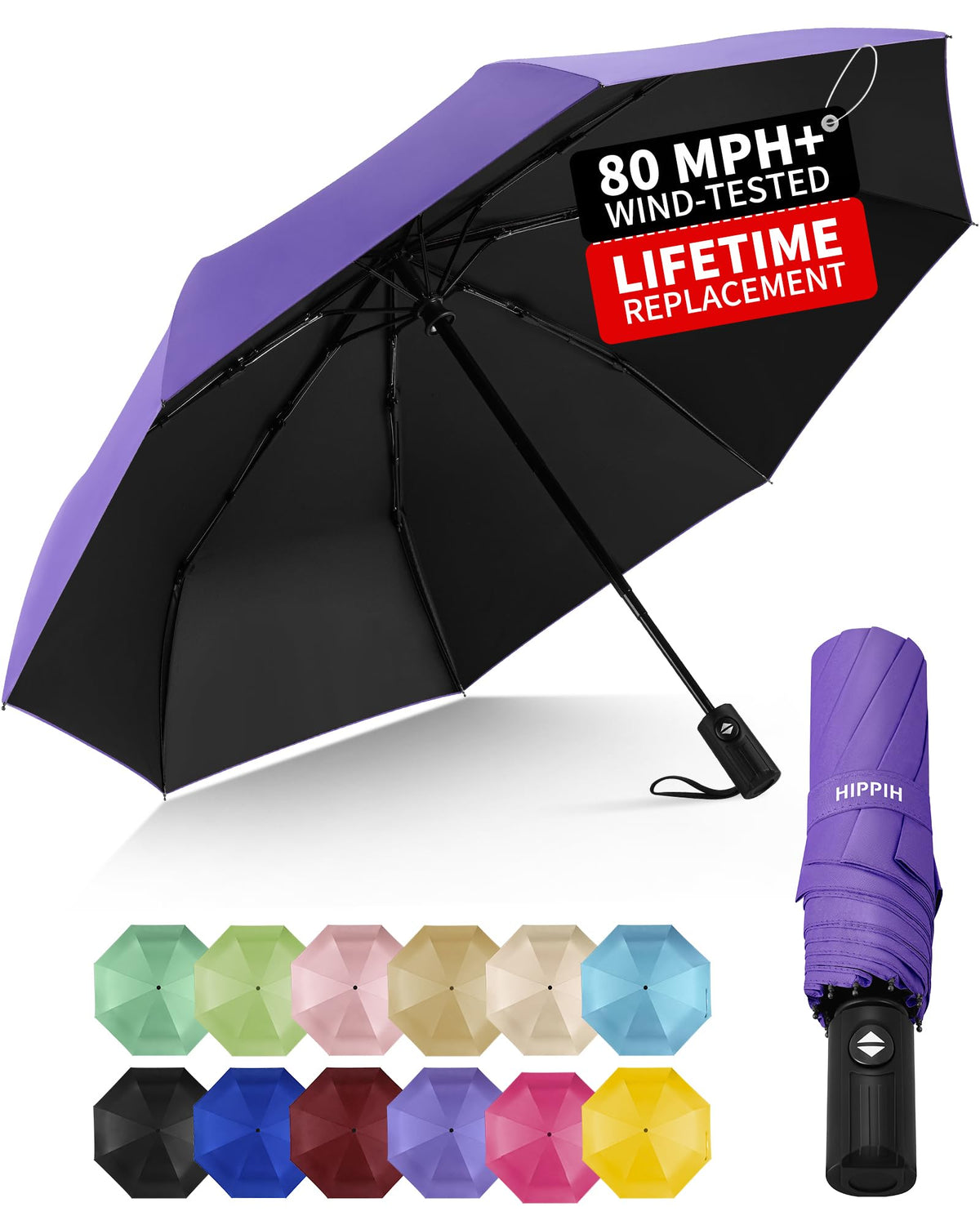 HIPPIH Compact Travel Umbrella for Rain - Windproof Automatic Umbrellas, UV Umbrella for Sun Protection with Black Anti-UV Coating, Portable Small Umbrellas for Backpack, Car, Walking, Kids, Women