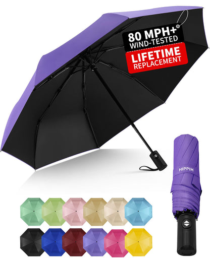 HIPPIH Compact Travel Umbrella for Rain - Windproof Automatic Umbrellas, UV Umbrella for Sun Protection with Black Anti-UV Coating, Portable Small Umbrellas for Backpack, Car, Walking, Kids, Women