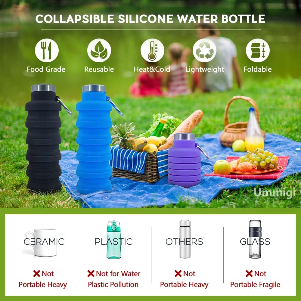 Collapsible Water Bottles 2 pack 17oz (Black+Purple)