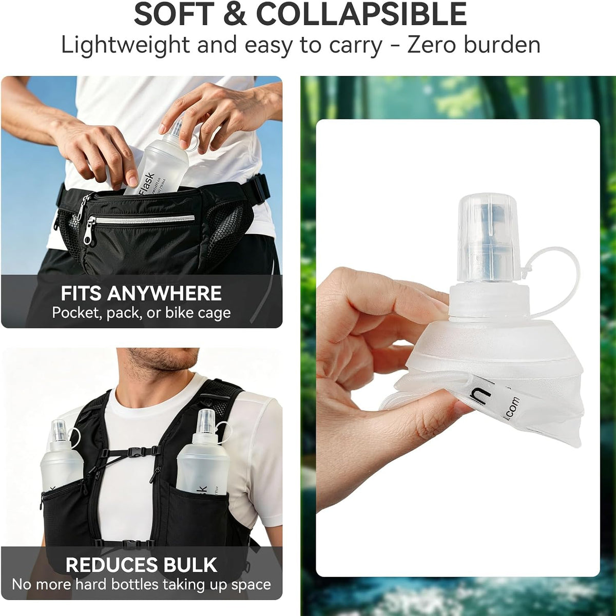 2 Pack 500ml Soft Flask, Shrink As You Drink Collapsible Water Bottles for Running Vest & Hydration Pack, BPA-Free Leak-Proof TPU Folding Bottle for Hiking Cycling Climbing Jogging-White