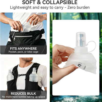 2 Pack 500ml Soft Flask, Shrink As You Drink Collapsible Water Bottles for Running Vest & Hydration Pack, BPA-Free Leak-Proof TPU Folding Bottle for Hiking Cycling Climbing Jogging-White