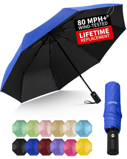 HIPPIH Compact Travel Umbrella for Rain - Windproof Automatic Umbrellas, UV Umbrella for Sun Protection with Black Anti-UV Coating, Portable Small Umbrellas for Backpack, Car, Walking, Kids, Women
