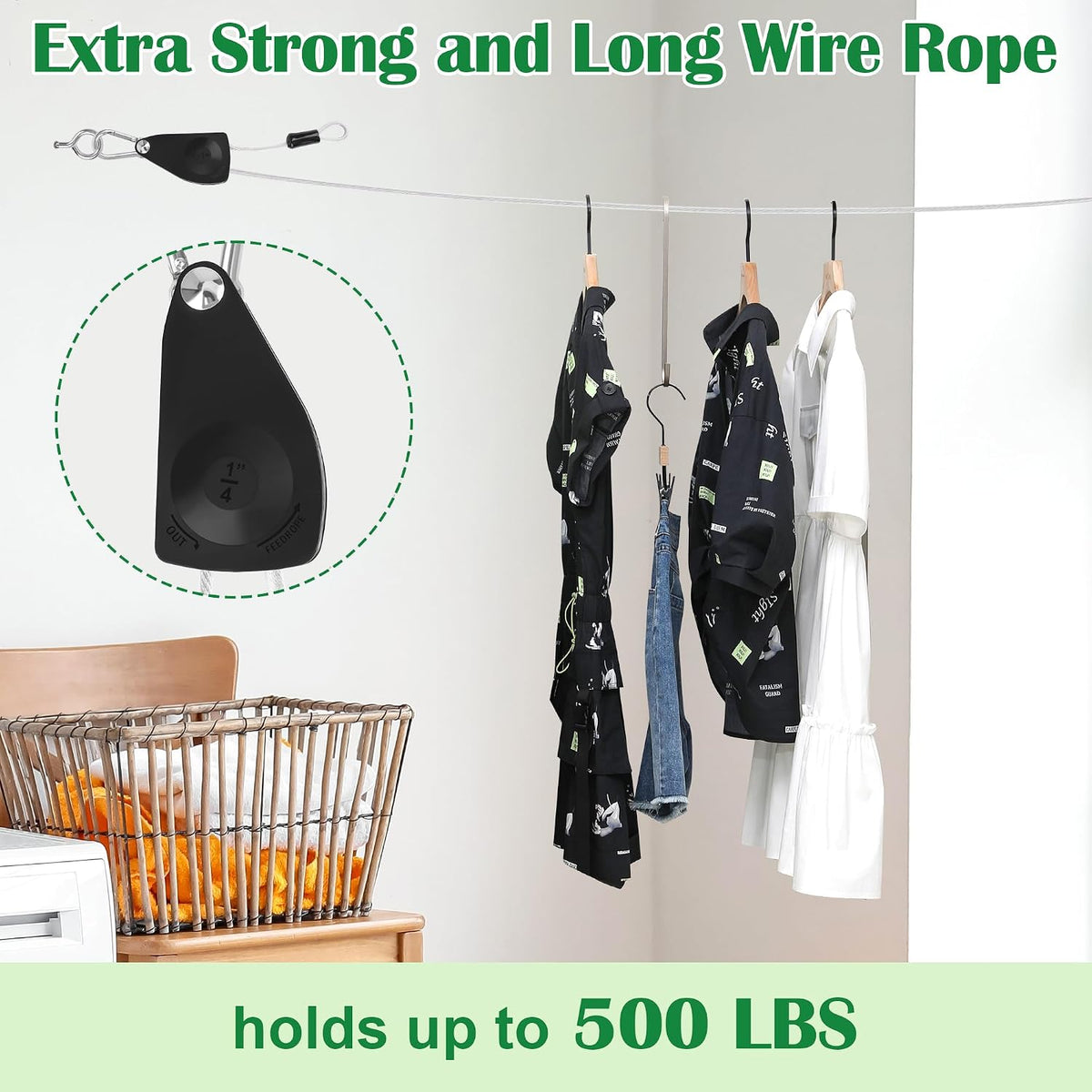 40FT Clothes Line Outdoors Retractable, Anglecai 3/16" Steel Wire Rope