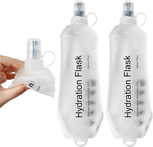 2 Pack 500ml Soft Flask, Shrink As You Drink Collapsible Water Bottles for Running Vest & Hydration Pack, BPA-Free Leak-Proof TPU Folding Bottle for Hiking Cycling Climbing Jogging-White
