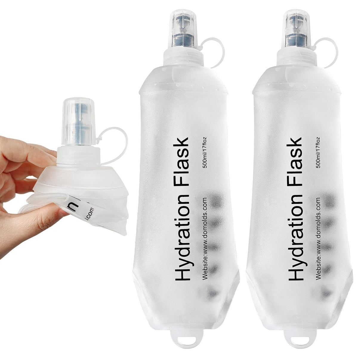 2 Pack 500ml Soft Flask, Shrink As You Drink Collapsible Water Bottles for Running Vest & Hydration Pack, BPA-Free Leak-Proof TPU Folding Bottle for Hiking Cycling Climbing Jogging-White