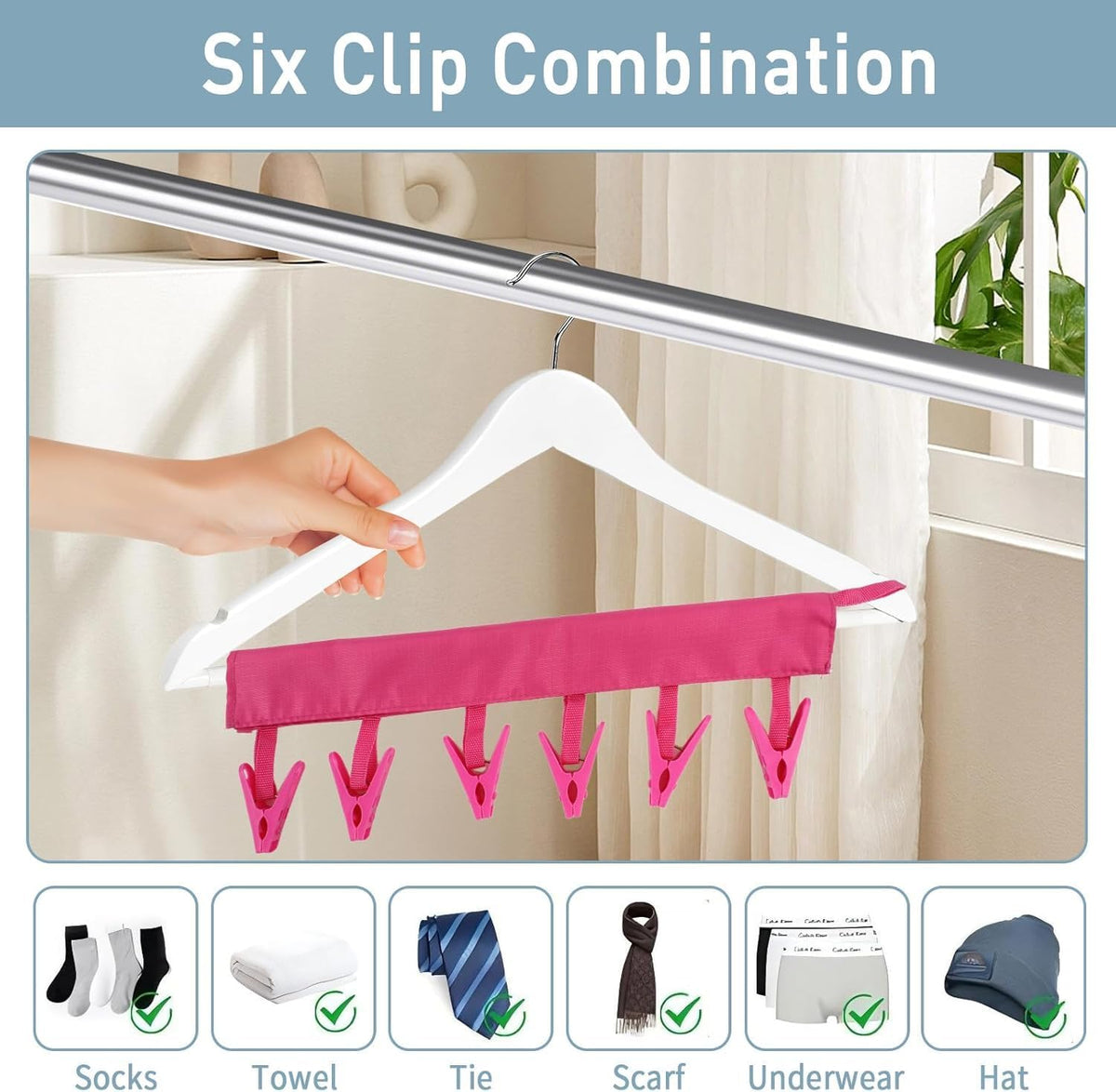 TamBee Travel Hangers Foldable for Suitcase Clothespin Travel Portable Folding Clothes Drying Hanger with 6 Clips Pack of 3 (Black, Red, Rose red)