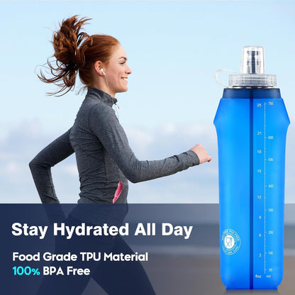 SLUXKE 3 Pack Soft Water Bottle, 25oz/750ml Flask Running Bottles for Hydration Packs, TPU Collapsible Reusable Handheld Flasks for Hiking Cycling Climbing