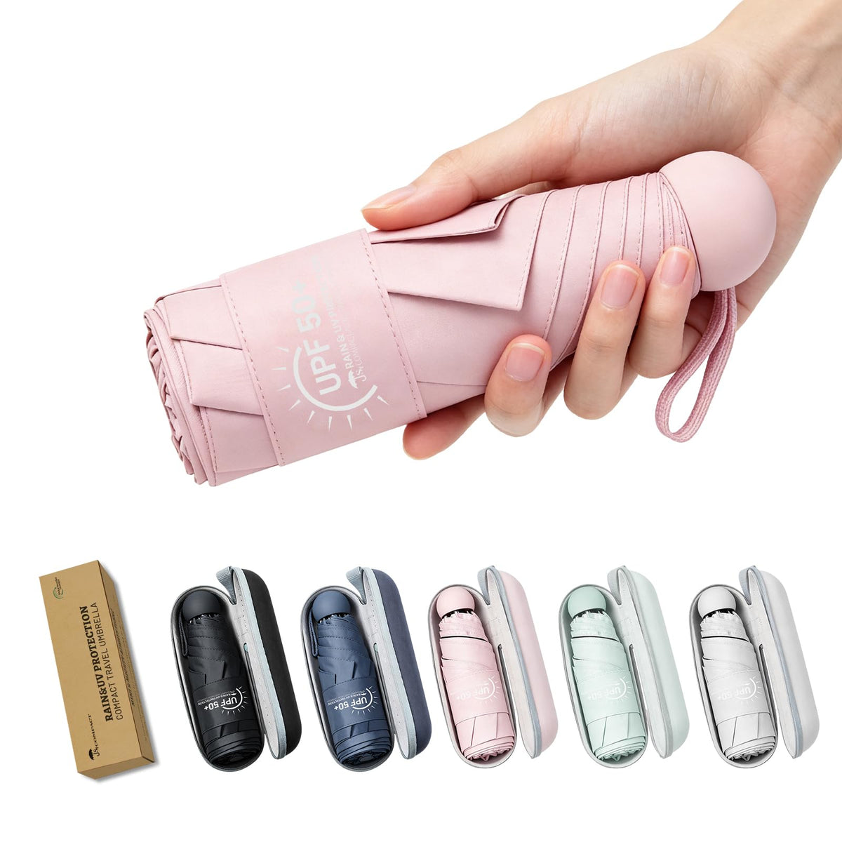 SY COMPACT Mini Travel Umbrella, UPF 50+ Rain & UV Sun Protection, Small Windproof & Lightweight Portable Umbrella with Zipper Case, Fits in Purse Travel Essential for Men Women