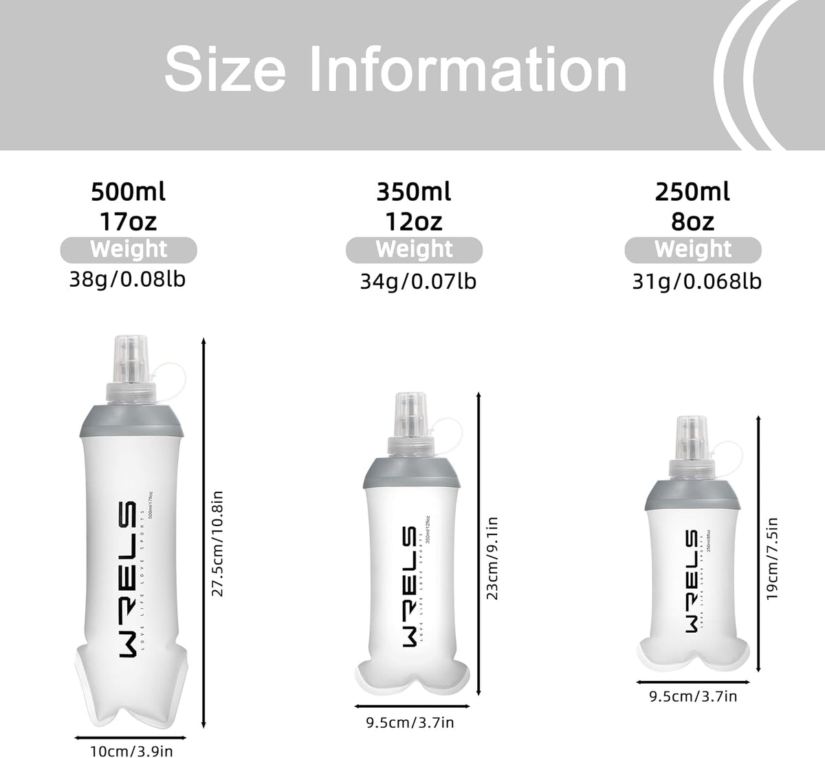 WRELS Running Water Bottle,250ml/350ml/500ml TPU Soft Flask,Collapsible Water Bottles for Hydration Vests and Running Belts Backpack, Soft Water Bottles For Hiking Cycling Climbing