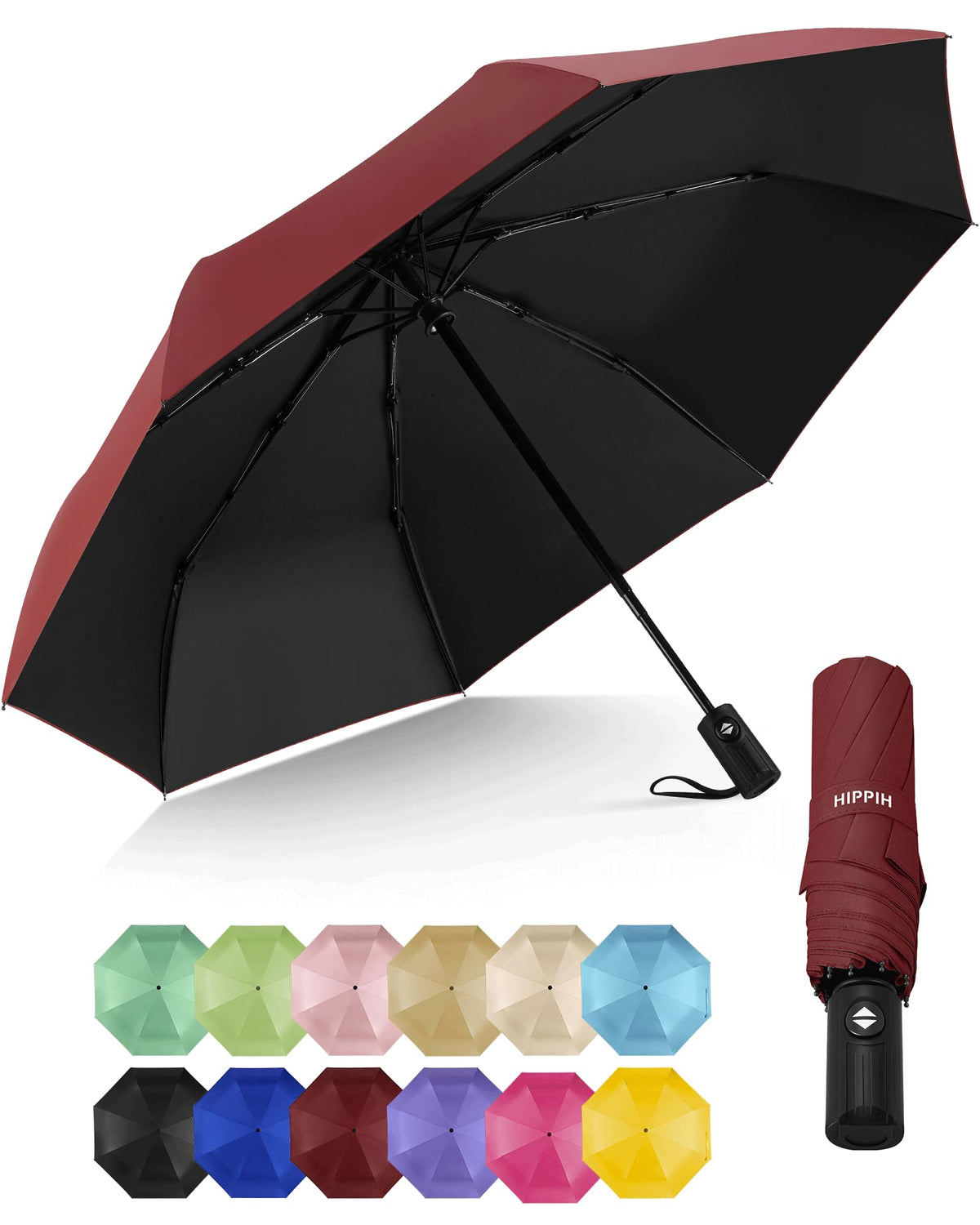 HIPPIH Compact Travel Umbrella for Rain - Windproof Automatic Umbrellas, UV Umbrella for Sun Protection with Black Anti-UV Coating, Portable Small Umbrellas for Backpack, Car, Walking, Kids, Women