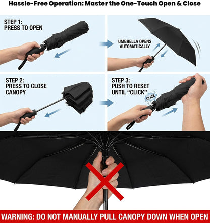 SIEPASA Compact Travel Umbrella - Windproof Auto Open/Close, Small Folding Umbrella for Rain - Lightweight & Durable with Fiberglass Frame, Waterproof Canopy - Fits Backpack, Purse, Suitcase. (Black)