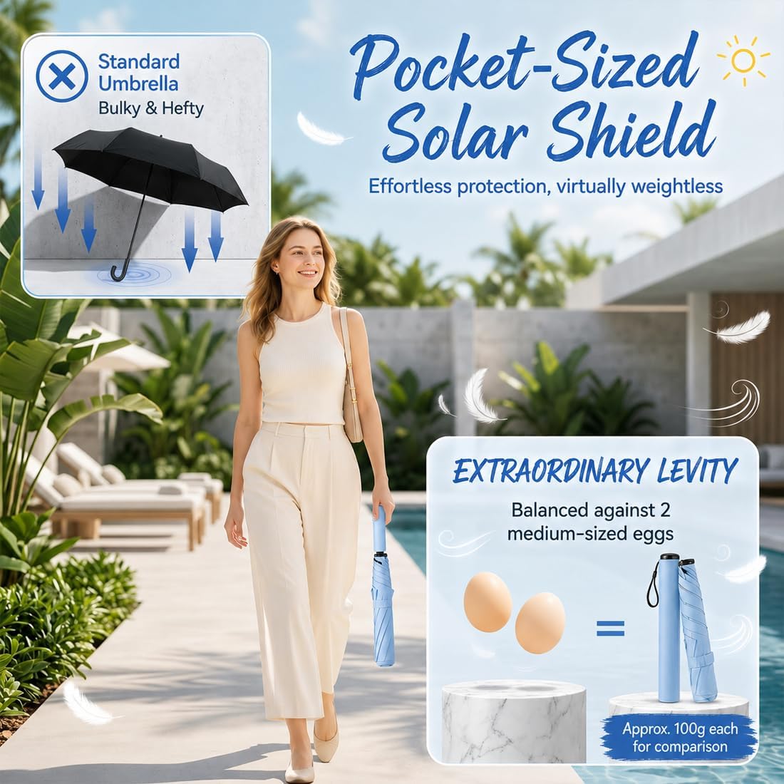 Pencil Umbrella from Japan, 103g Mini Japan Pencil Umbrellas with UPF 50+ Sun, Ultra-Lightweight Compact All-Weather Umbrella for Rain, Backpack, Handbag, Commute, Beach, Hiking, Outdoor Use