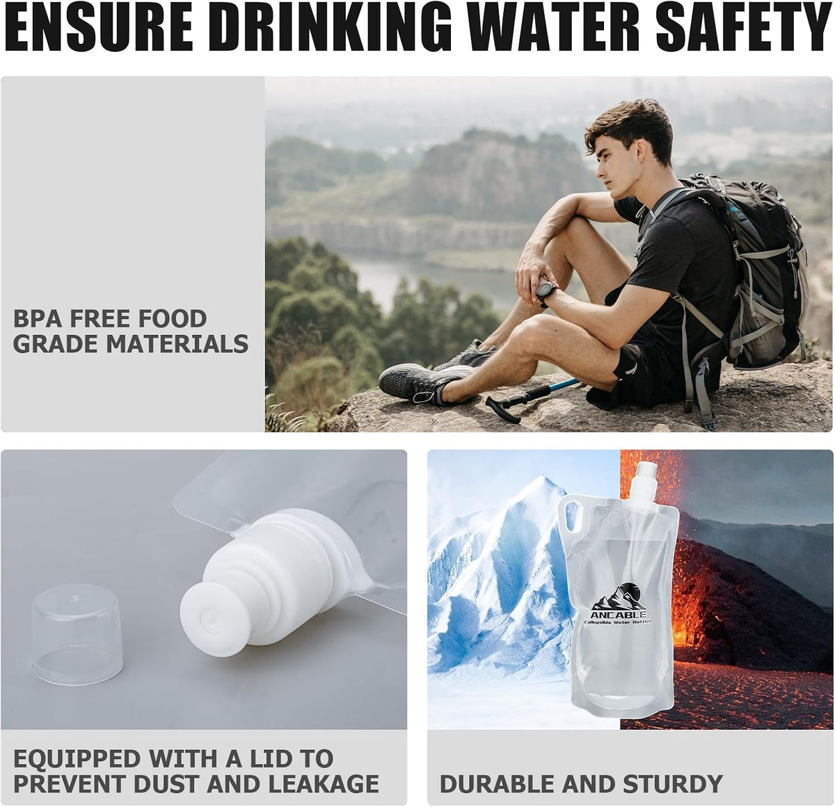 Ancable 1L Hiking Collapsible Water Bottles, 4-Pack 33OZ BPA-Free Foldable Backpacking Water Bottle for Travel Camping Hiking