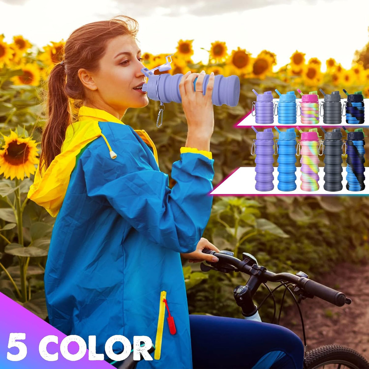 CHENGU 5 Pcs Collapsible Water Bottles for Travel 16 oz Silicone, Colorful