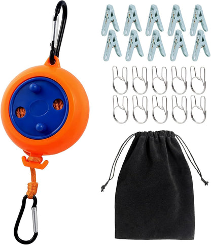 Portable Travel Clothesline is 32Ft Retractable Camping Clothesline for Outdoor Camping Laundry line with 10 Windproof Buckles, 10 Clothespins，1 Organizer Bag