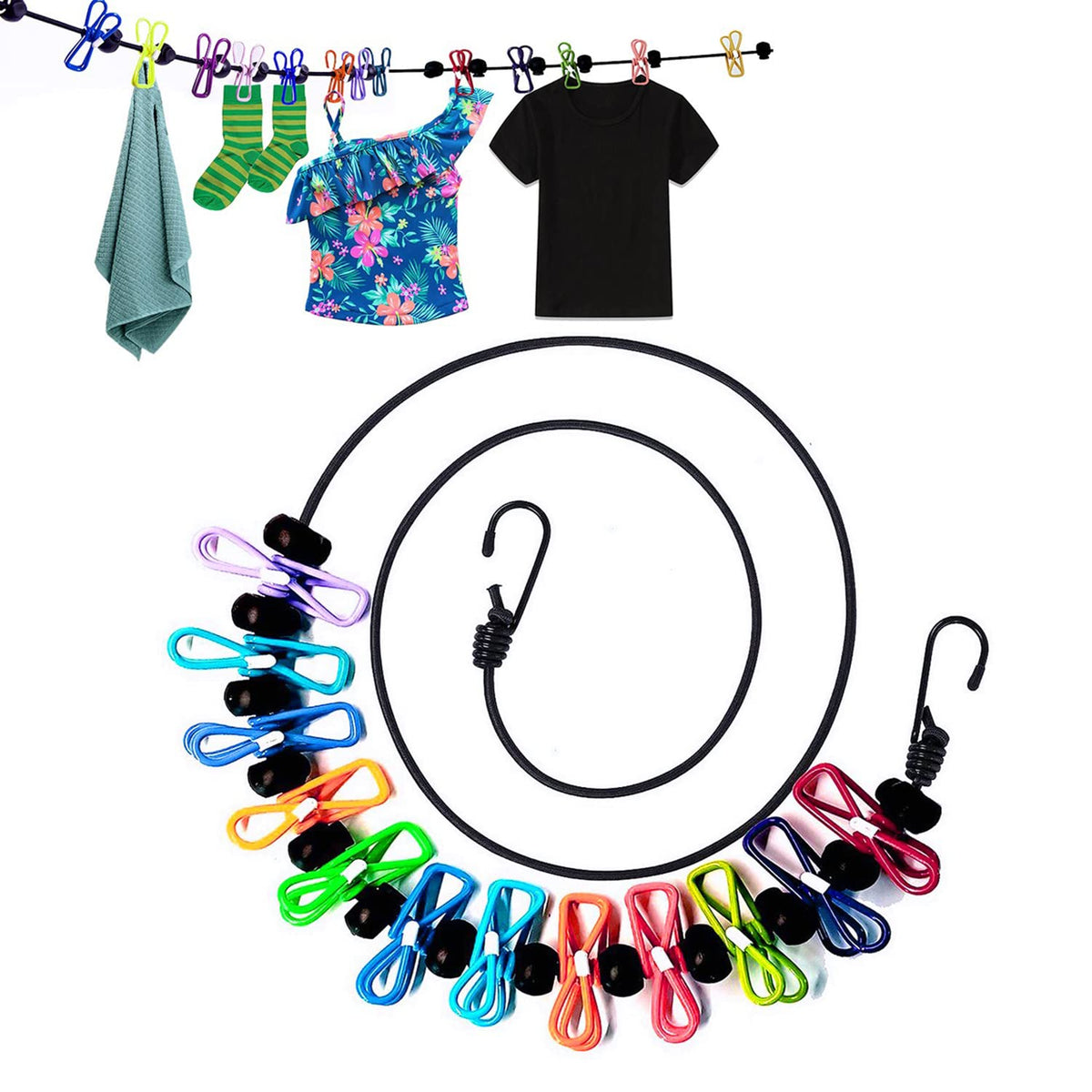 2 Pack Portable Clothesline with 12 Clothespins, Windproof Travel Clothesline Stretchy Retractable Elastic Laundry Clothes Line for Backyard, Vacation Hotel, Balcony Clothes Drying Line