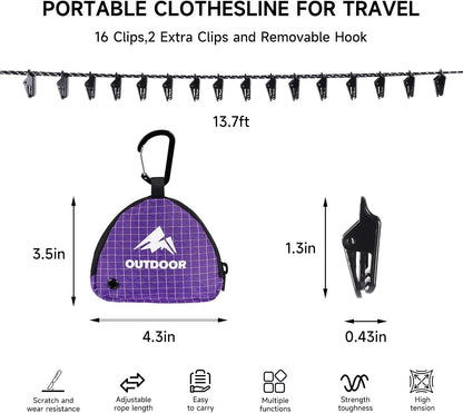 Travel Clothesline Portable Clothesline 18(16+2) Clips 13.7Ft