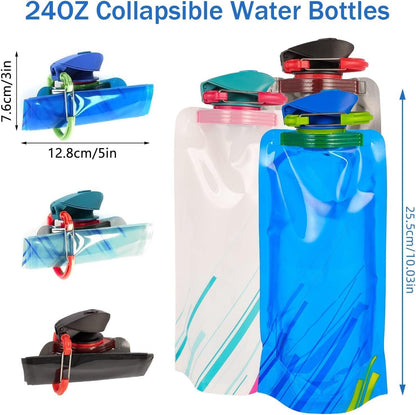 Jinora 4 Pack Collapsible Water Bottles for Travel – 20oz Foldable Water Bottle with Carabiner,Leakproof BPA-Free Water Jup, Portable Reusable Water Bottle for Hiking,Sports,Camping,Biking