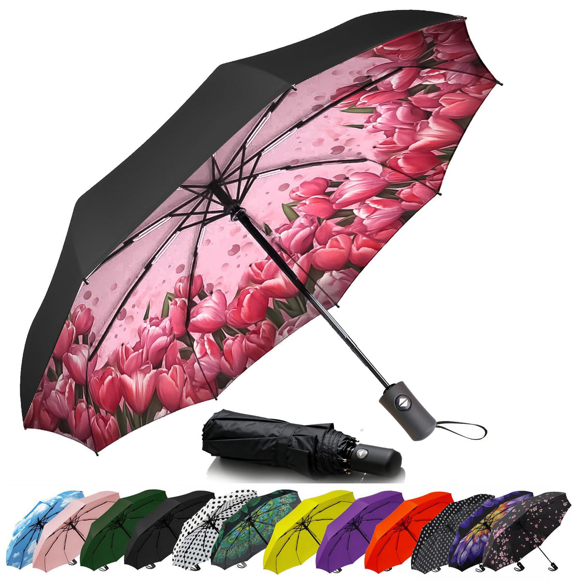 SIEPASA Compact Travel Umbrella - Windproof Auto Open/Close, Small Folding Umbrella for Rain - Lightweight & Durable with Fiberglass Frame, Waterproof Canopy - Fits Backpack, Purse, Suitcase. (Black)