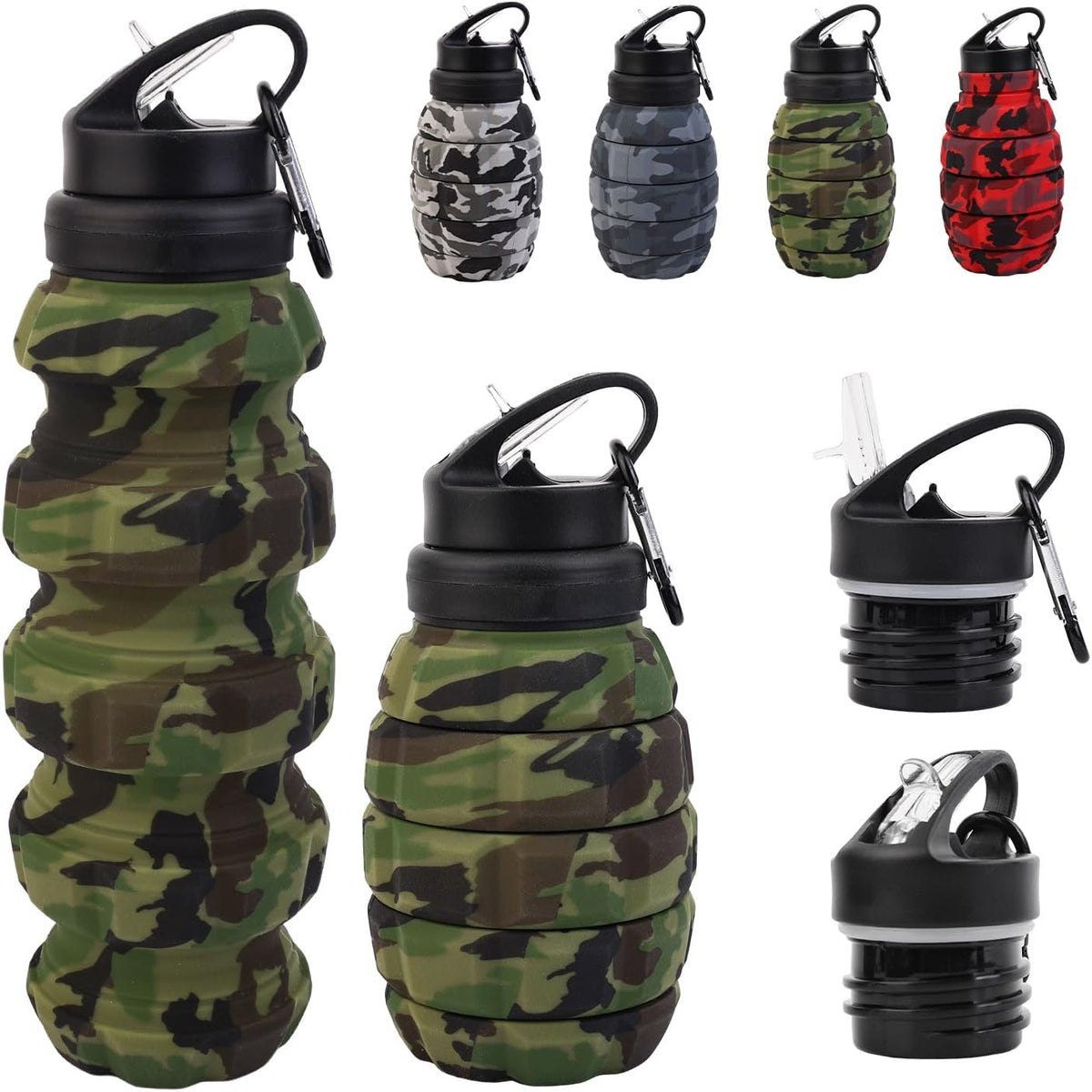 Collapsible Travel Water Bottle18oz, Reuseable Silicone Foldable Water Bottles for Gym Camping Hiking, Portable Leak Proof Sports Water Bottle with rugby Carabiner (Green)