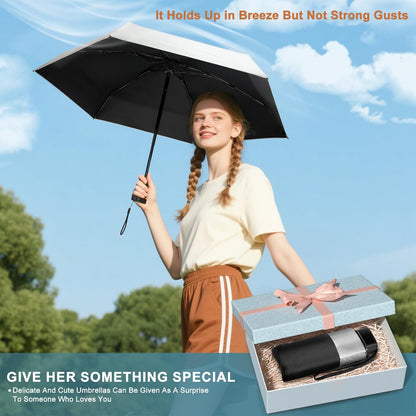 Mini Umbrella For Purse - UPF 50+ UV Blocker Sun Protection Umbrella, Small Micro Travel Parasol Design for Women, Black