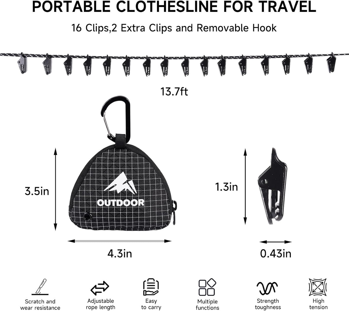 Camping Clothesline Travel Clothesline 18(16+2) Clothespins 13.7Ft