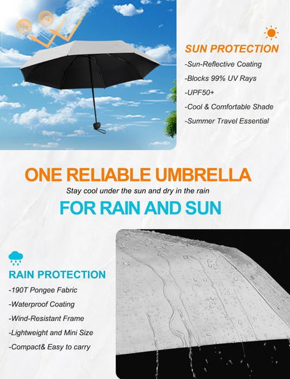 Mini Travel Umbrella Compact Small Size, UV Protection for Sun & Rain, Lightweight Folding, Wind Resistant, Small Backpack Purse Size for Women Kids