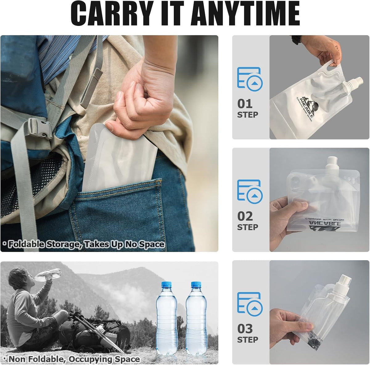 Ancable 1L Hiking Collapsible Water Bottles, 4-Pack 33OZ BPA-Free Foldable Backpacking Water Bottle for Travel Camping Hiking