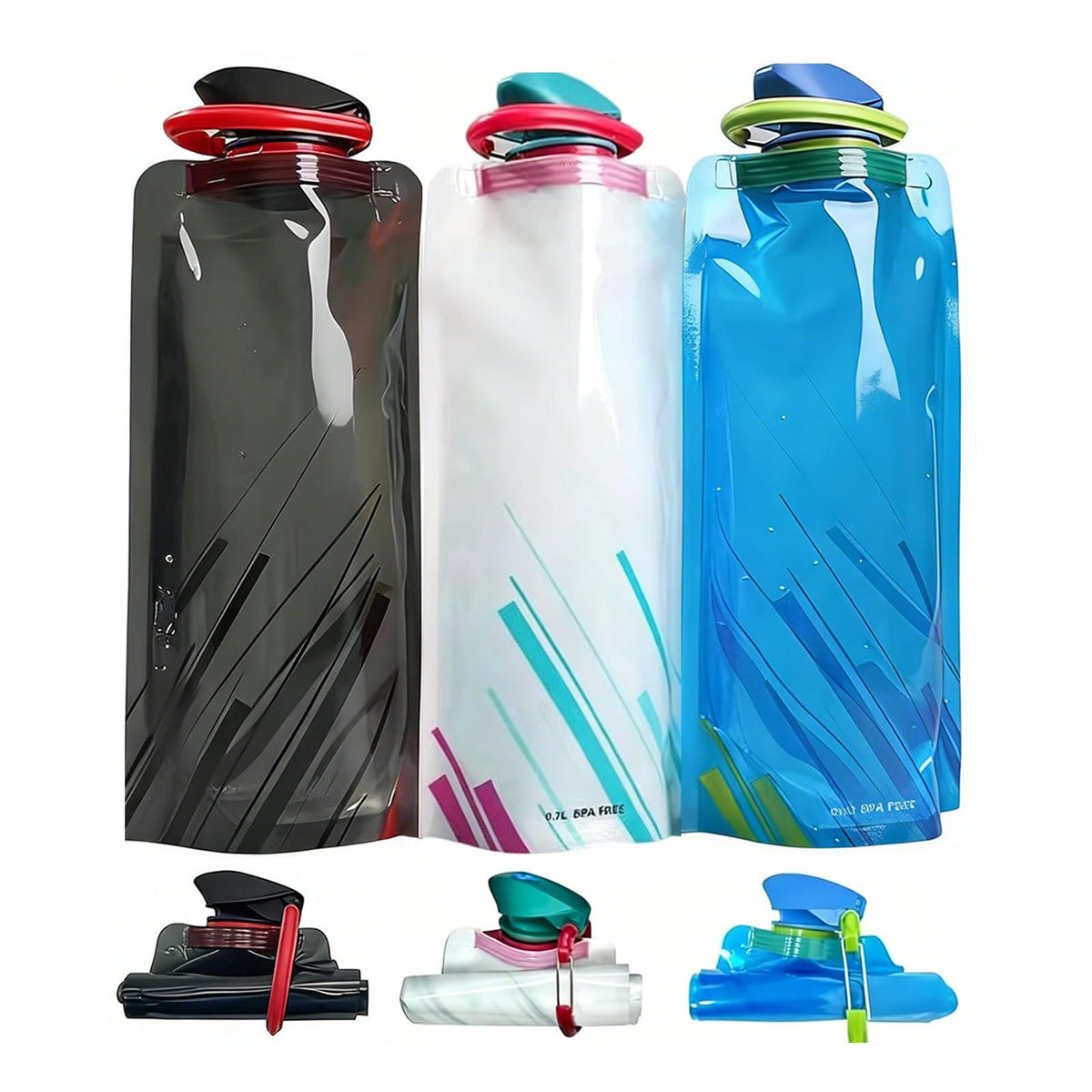 Jinora 4 Pack Collapsible Water Bottles for Travel – 20oz Foldable Water Bottle with Carabiner,Leakproof BPA-Free Water Jup, Portable Reusable Water Bottle for Hiking,Sports,Camping,Biking
