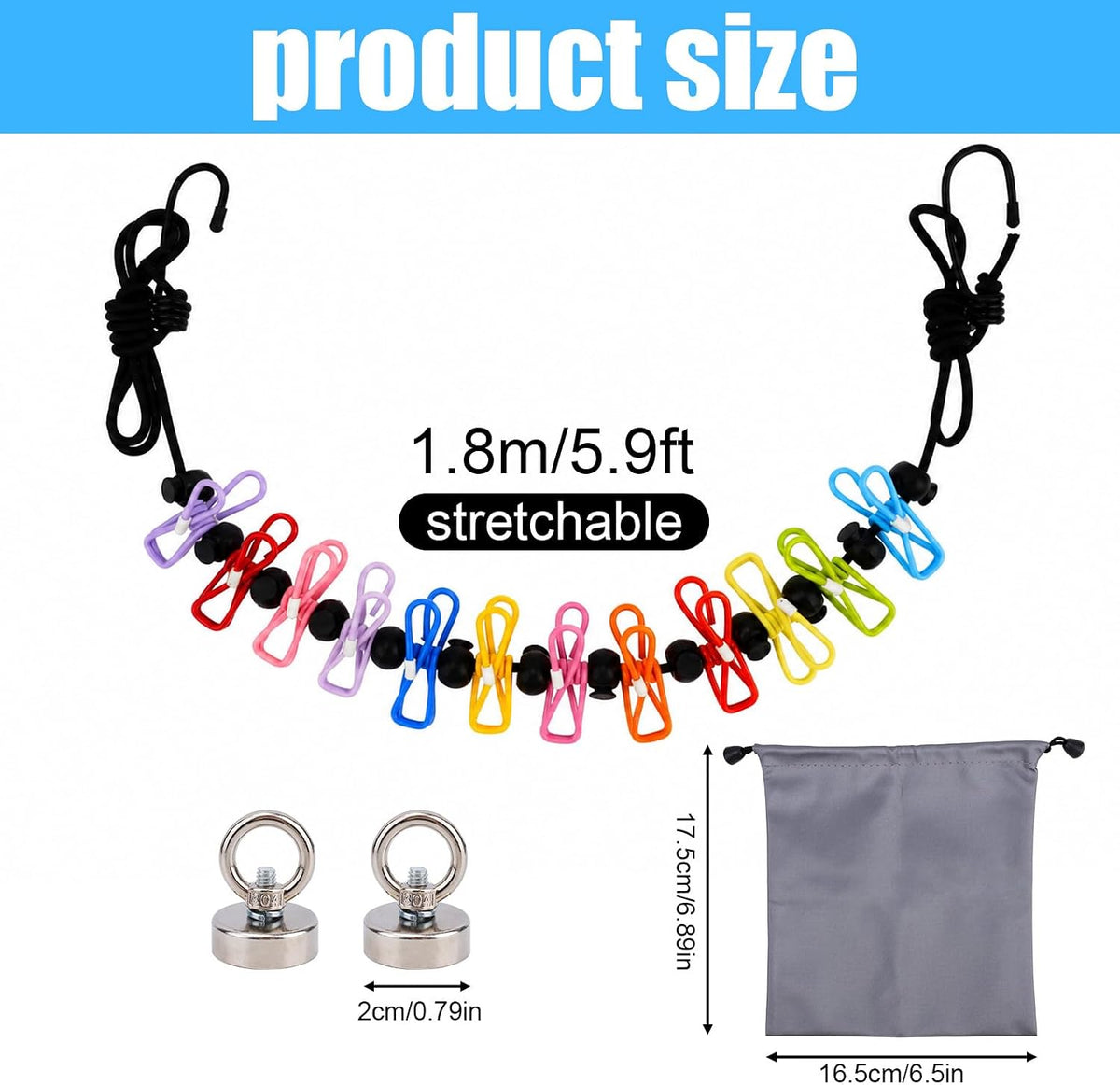 Travel Clothesline for Cruise Ship, Stretchable Clothes Line with 2 Magnetic Hooks & 12 Clothes Clips & Storage Bag Portable Laundry Line for Hotel Camping RV Outdoor Indoor Laundry Drying