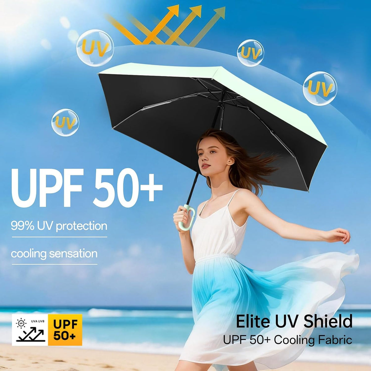 Compact Travel Umbrella with Carabiner Ring Handle, Windproof 5-Fold Portable Umbrella, UPF 50+ UV Protective Sun Parasol, Water Repellent Lightweight Small Rain Shield for Backpack, Purse, Stroller