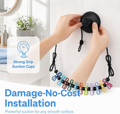 Portable Travel Clothesline, 5.9 Ft/1.8 m Clothes Line with 12 Clothes Clips, 13 Anti-Slip Buckles and 2 Suction Cup Hooks for Indoor and Outdoor Laundry Drying, Camping, RV, Hotel Bullet Points